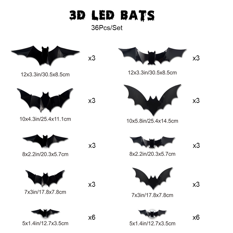 Halloween decorative items - 3D black bat wall stickers with LED lights