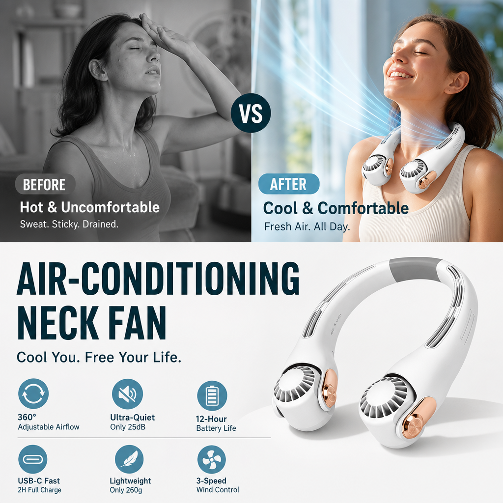⏰Last Day Special Price ￡12.99!!🍃Neck Air Conditioner Fan – Ultra‑quiet, 360° rotating, 3 speeds. Hands‑free cooling, long battery. Summer essential! 😎🌬️