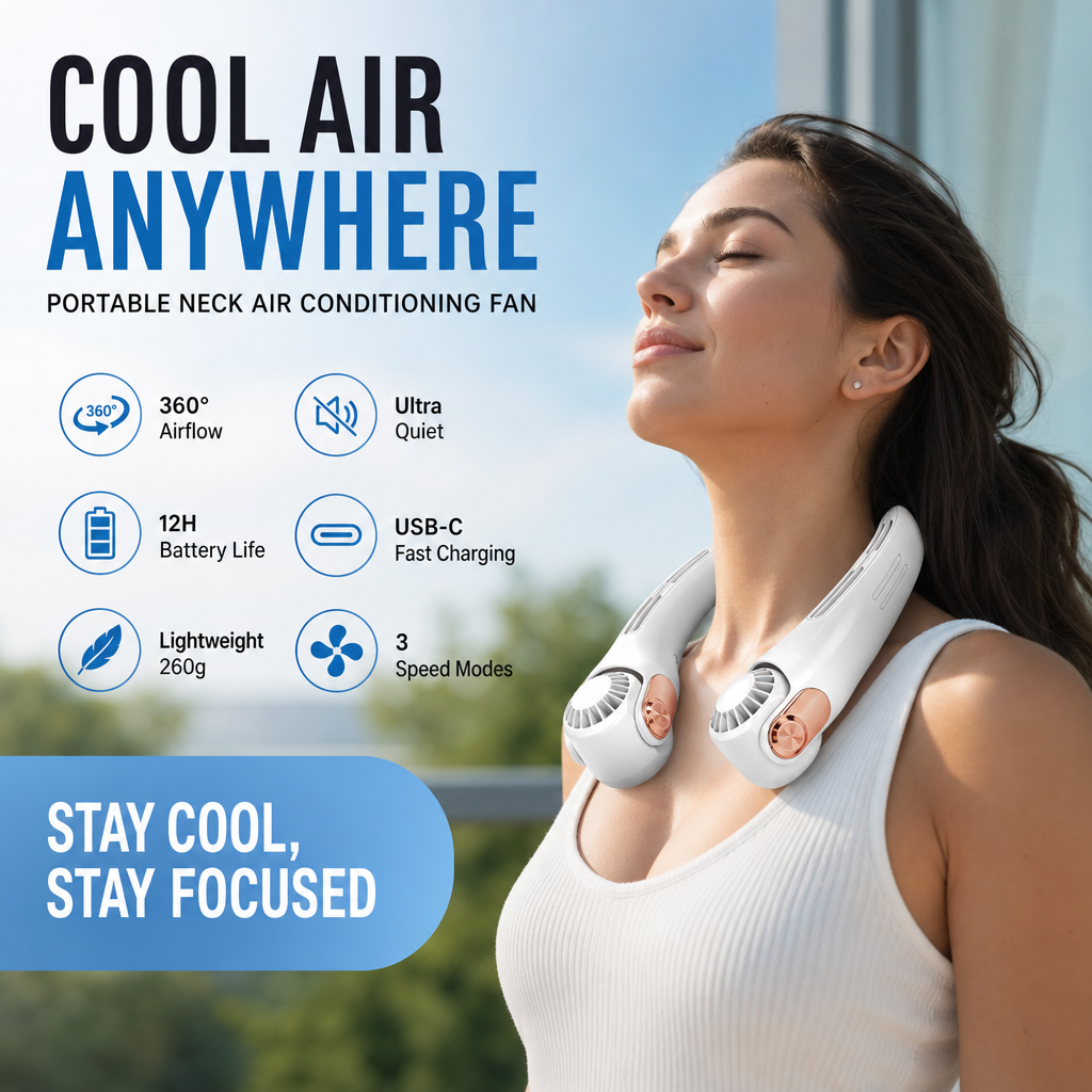 ⏰Last Day Special Price ￡12.99!!🍃Neck Air Conditioner Fan – Ultra‑quiet, 360° rotating, 3 speeds. Hands‑free cooling, long battery. Summer essential! 😎🌬️