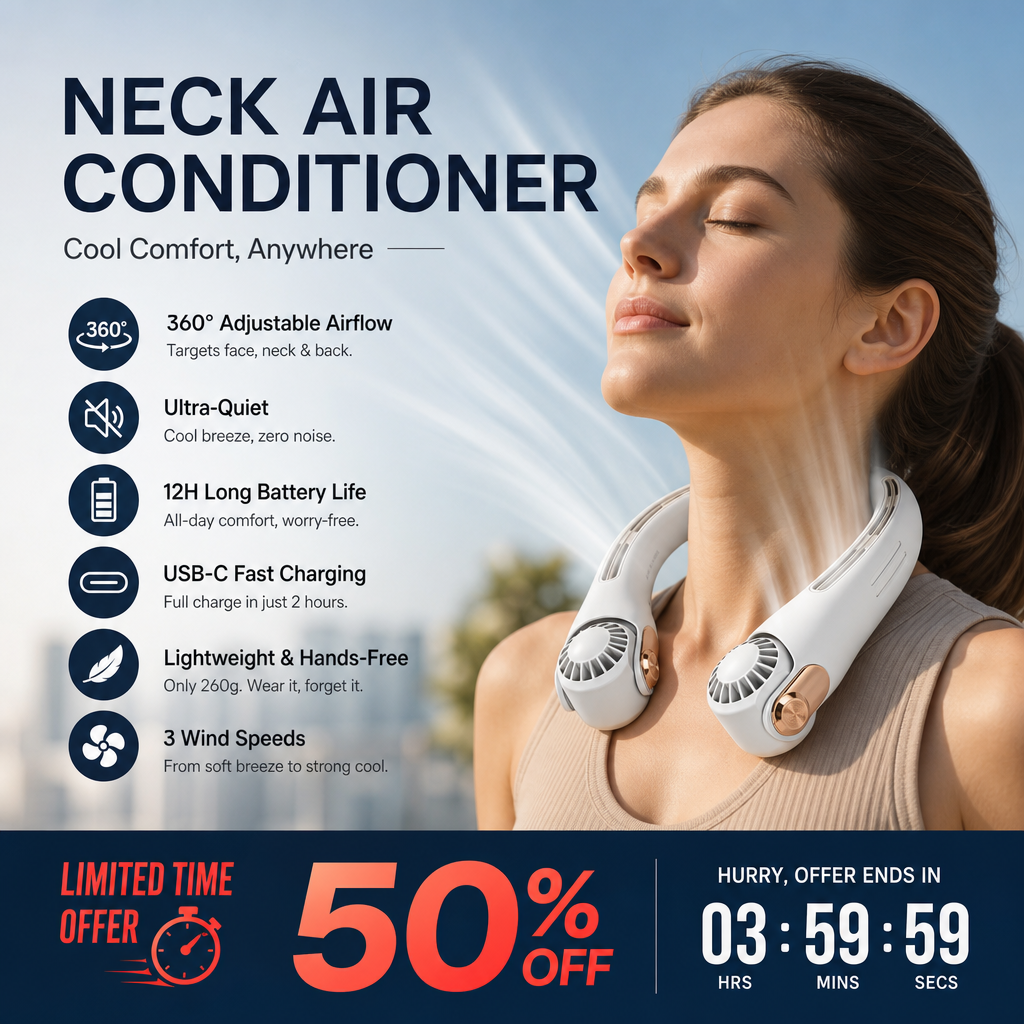 ⏰Last Day Special Price ￡12.99!!🍃Neck Air Conditioner Fan – Ultra‑quiet, 360° rotating, 3 speeds. Hands‑free cooling, long battery. Summer essential! 😎🌬️
